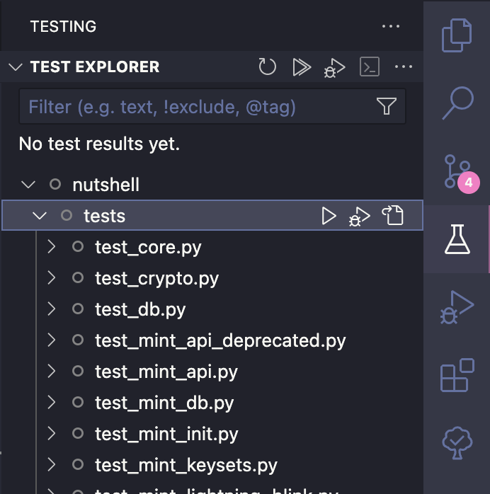 Running tests using the sidebar Testing option